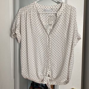 New York & Company Tie-Front Short-Sleeve White Polkadot Blouse